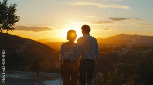Obraz A couple, one of whom uses a walking cane, enjoying a sunset together at a scenic overlook with a serene expression.