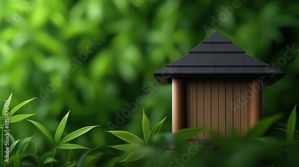 Fototapeta A charming wooden hut nestled among lush green foliage, creating a serene and peaceful atmosphere, ideal for relaxation and escape.