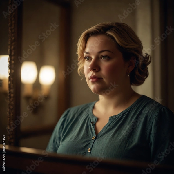 Fototapeta Portrait Of A Plus-size Woman Looking At A Vintage Mirror With Contemplative Expression, Warm Glow, Soft-focus, Emotional Portrait Self-reflection