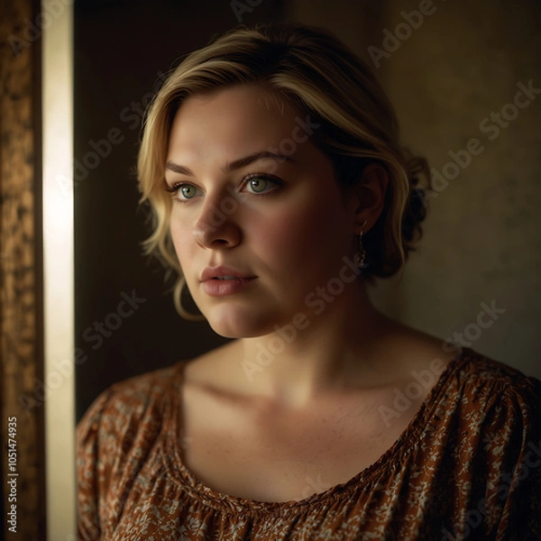 Fototapeta Portrait Of A Plus-size Woman Looking At A Vintage Mirror With Contemplative Expression, Warm Glow, Soft-focus, Emotional Portrait Self-reflection