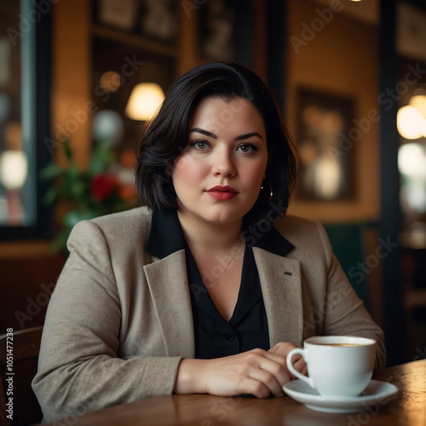 Fototapeta Plus Size Woman Confidently Enjoying Coffee at Cozy Vintage Cafe Joyful Expression mid-forties sipping espresso, chic outfit