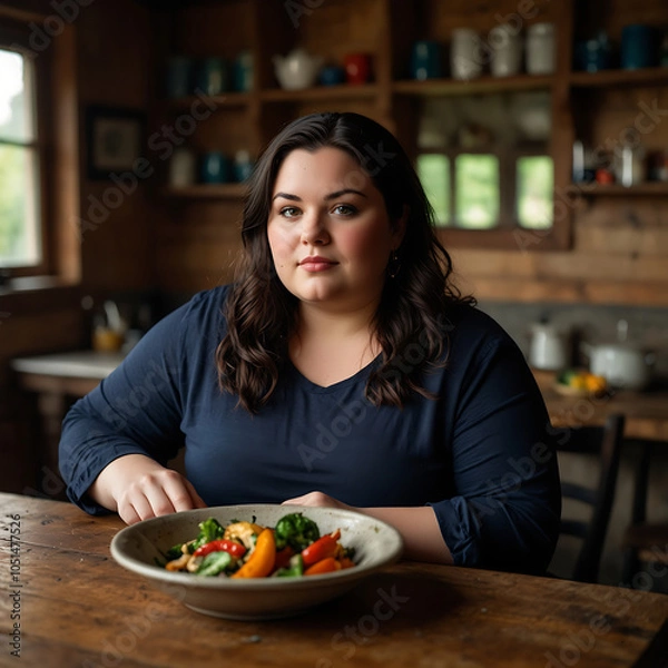 Fototapeta Portrait Of A Confident Plus-size Woman, Fat, Weight Loss, Looks At A Plate Of Colorful Grilled Vegetables, Sitting In The Dining Room In A Cozy Kitchen Atmosphere, Happy For Change Lifestyle Healthy 