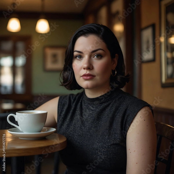Fototapeta Plus Size Woman Confidently Enjoying Coffee at Cozy Vintage Cafe Joyful Expression mid-forties sipping espresso, chic outfit