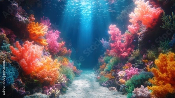 Fototapeta Vibrant underwater scene with colorful coral reefs and sunlight.