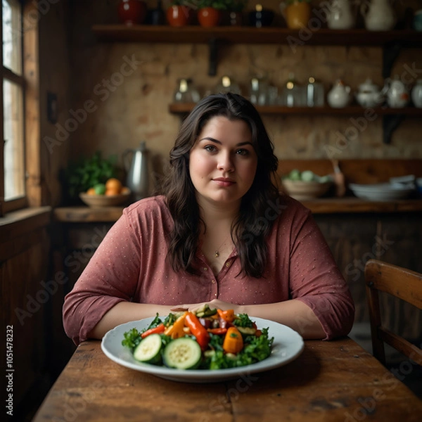 Fototapeta Portrait Of A Confident Plus-size Woman, Fat, Weight Loss, Looks At A Plate Of Colorful Grilled Vegetables, Sitting In The Dining Room In A Cozy Kitchen Atmosphere, Happy For Change Lifestyle Healthy 