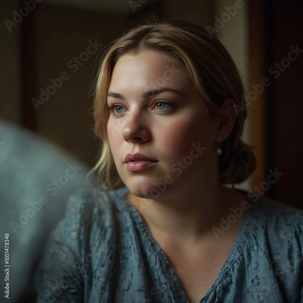 Fototapeta Portrait Of A Plus-size Woman Looking At A Vintage Mirror With Contemplative Expression, Warm Glow, Soft-focus, Emotional Portrait Self-reflection