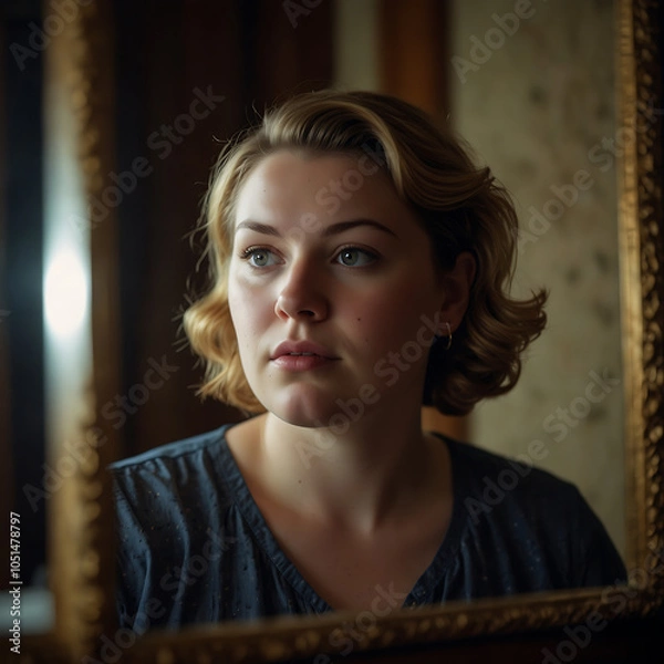 Fototapeta Portrait Of A Plus-size Woman Looking At A Vintage Mirror With Contemplative Expression, Warm Glow, Soft-focus, Emotional Portrait Self-reflection