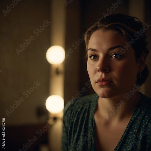 Fototapeta Portrait Of A Plus-size Woman Looking At A Vintage Mirror With Contemplative Expression, Warm Glow, Soft-focus, Emotional Portrait Self-reflection