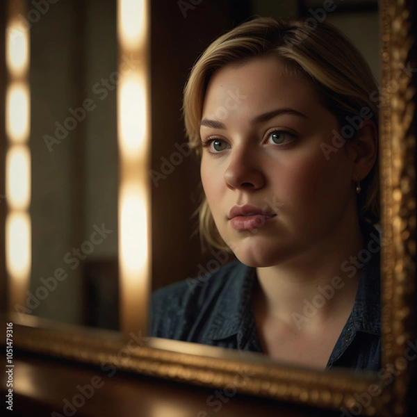 Fototapeta Portrait Of A Plus-size Woman Looking At A Vintage Mirror With Contemplative Expression, Warm Glow, Soft-focus, Emotional Portrait Self-reflection