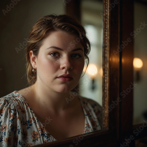 Fototapeta Portrait Of A Plus-size Woman Looking At A Vintage Mirror With Contemplative Expression, Warm Glow, Soft-focus, Emotional Portrait Self-reflection