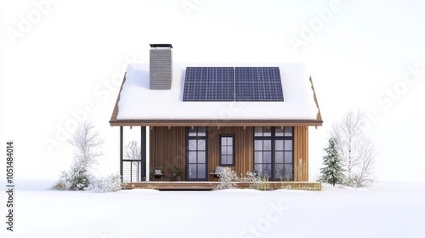 Obraz A compact, eco-friendly house with natural wood siding, solar panels on the roof, and a chimney. The front is landscaped with native plants, and snow dusts the ground and roof.