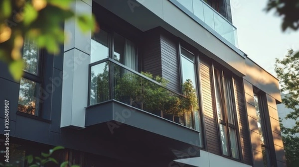 Obraz A modern urban townhouse with a compact design, featuring black-framed windows, dark gray siding, and a balcony with a metal railing. Potted plants and vertical greenery add a touch of nature.