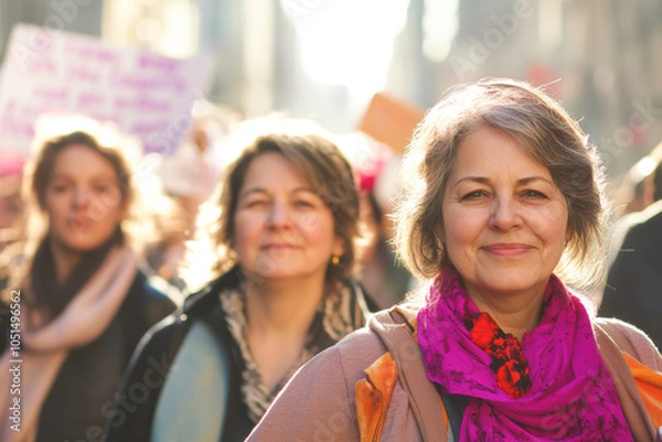 Fototapeta A group of women participating in an empowerment march, with a smiling woman in focus as others hold signs in the background.