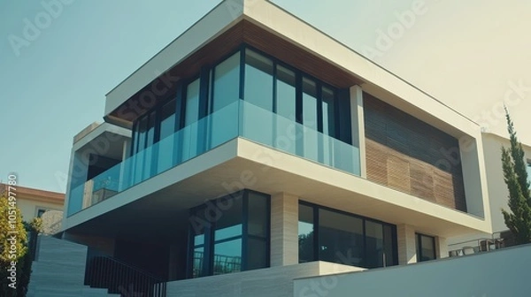 Obraz A two-story contemporary house with an asymmetrical design, showcasing large, tinted windows and an expansive balcony. The exterior features a striking contrast between polished wood.