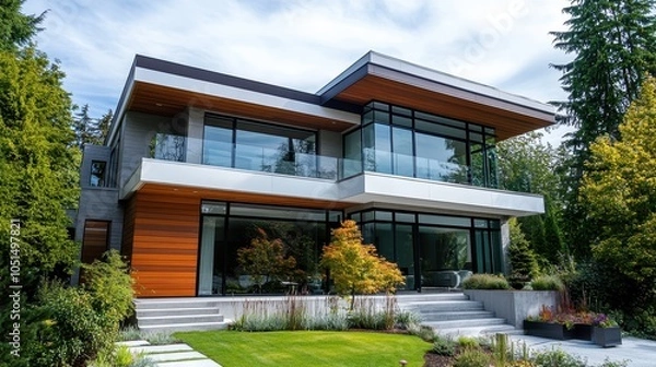 Obraz A two-story contemporary house with an asymmetrical design, showcasing large, tinted windows and an expansive balcony. The exterior features a striking contrast between polished wood.