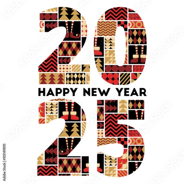 Fototapeta Happy New Year 2025 vector illustration with bauhaus abstract geometric shapes pattern isolated on white background. Christmas modern flat design template for poster print, banner, card