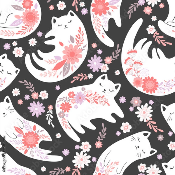 Fototapeta Seamless vector pattern with cute cats, flowers and floral elements isolated on dark grey background. Adorable animal design illustration for card print, wallpaper, poster, nursery decoration