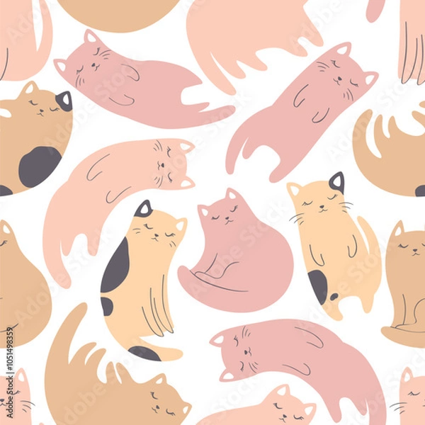 Fototapeta Vector illustration with cute cartoon cats seamless pattern in pastel colors isolated on white background. Adorable animal design for card print, wallpaper, poster, nursery decoration