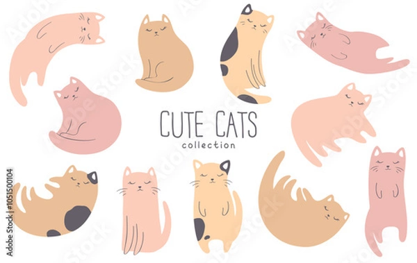 Fototapeta Vector illustration with cute cartoon cats collection in pastel colors isolated on white background. Adorable animal design for card print, wallpaper, poster, nursery decoration