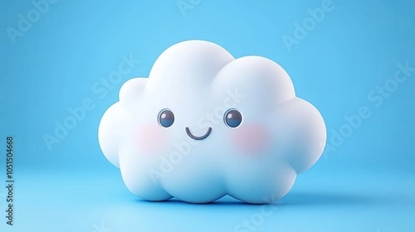 Obraz Elegant Smiling Cloud Icon, Cartoon Style, Isometric View, Solid Blue Background, 3D Clay Rendering, Matte Texture, Round Edges, High Saturation Colors, Symmetrical Composition, Mobile Game Ready