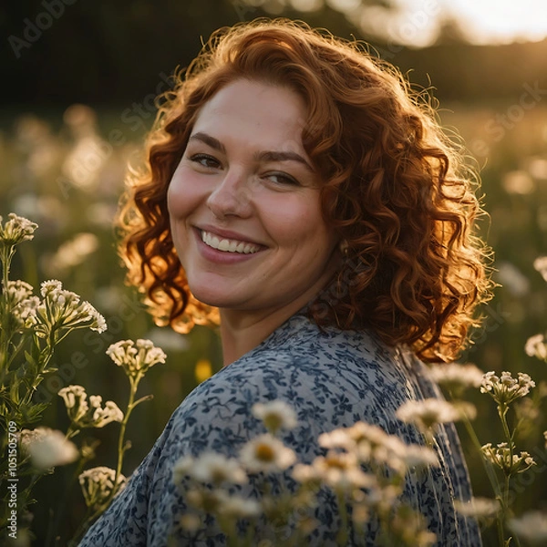 Fototapeta Nature Portrait Of A Joyful Plus-size Woman With Curly Auburn Hair Smiling In A Wildflower Field 