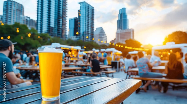 Fototapeta vibrant food truck festival in Austin, Texas, showcasing refreshing glass of beer on wooden table. lively atmosphere is enhanced by sunset and city skyline
