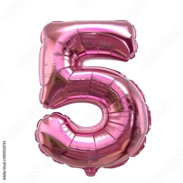 Fototapeta 3D render pink inflatable foil balloon. Bright figures for party decoration. Glossy pink color numbers isolated on white background. Digit 5