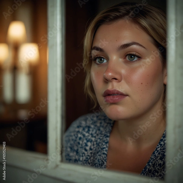 Fototapeta Portrait Of A Plus-size Woman Looking At A Vintage Mirror With Contemplative Expression, Warm Glow, Soft-focus, Emotional Portrait Self-reflection