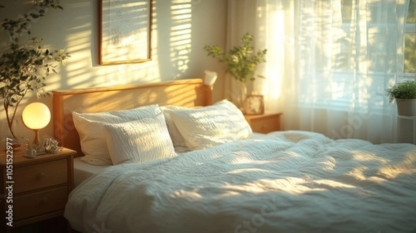 Fototapeta Sunlight Streaming Through a Window Onto a Bed in a Bedroom