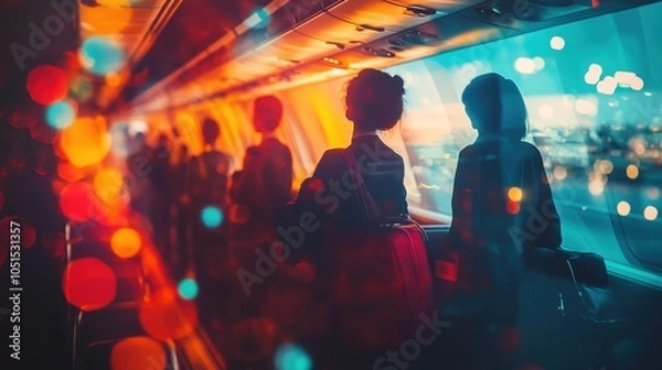Fototapeta Flight attendants assisting passengers with luggage in the overhead bins