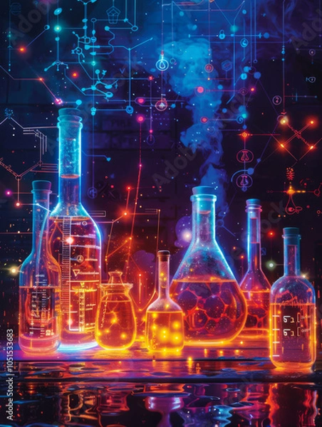Fototapeta chemical reactions these bright colors are displayed in a glowing background and have a neon message