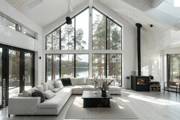 Fototapeta large living room with white walls, large windows and an open fireplace, in the style of norwegian nature