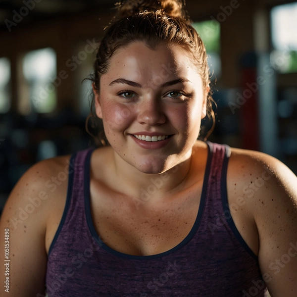 Fototapeta Proud and Strong Close-Up of Athletic Woman Smiling After Workout in Gym fitness journey  self-confidence