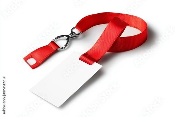 Fototapeta Red ribbon blank badge isolated on white background for ID pass or access card concept