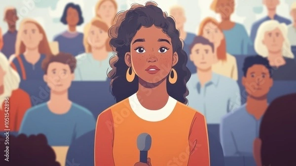 Obraz An illustration of a young woman speaking out at a town hall meeting, advocating for change in policies that affect marginalized communities.