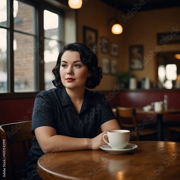 Fototapeta Plus Size Woman Confidently Enjoying Coffee at Cozy Vintage Cafe Joyful Expression mid-forties sipping espresso, chic outfit