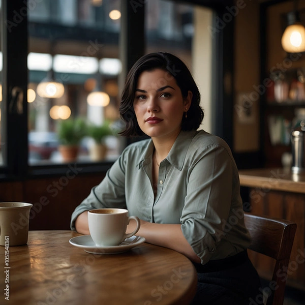 Fototapeta Plus Size Woman Confidently Enjoying Coffee at Cozy Vintage Cafe Joyful Expression mid-forties sipping espresso, chic outfit