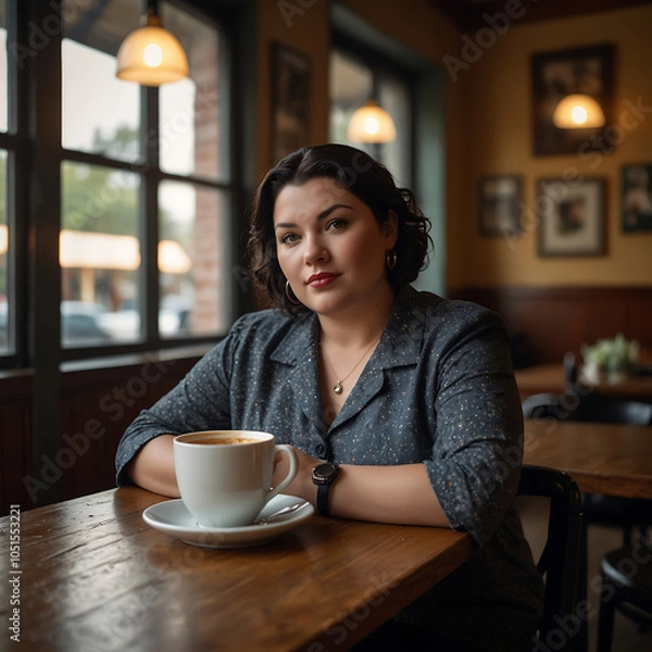 Fototapeta Plus Size Woman Confidently Enjoying Coffee at Cozy Vintage Cafe Joyful Expression mid-forties sipping espresso, chic outfit
