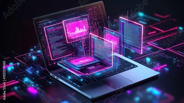 Fototapeta A futuristic laptop with holographic displays showcasing data and digital graphics.