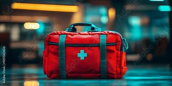 Fototapeta Red emergency kit on a table with soft light
