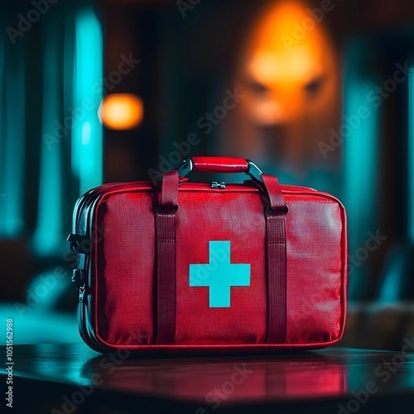 Fototapeta Red emergency kit on a table with soft light