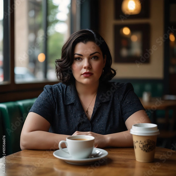 Fototapeta Plus Size Woman Confidently Enjoying Coffee at Cozy Vintage Cafe Joyful Expression mid-forties sipping espresso, chic outfit