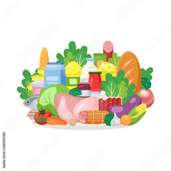 Fototapeta Fresh Food - different food and beverage products - market basket, commodity bundle, grocery shopping. Vector illustration in flat style