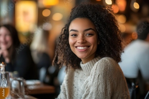 Fototapeta Happy woman enjoying coffee with friends in a restaurant, Generative AI