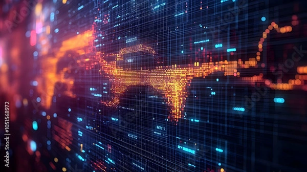 Fototapeta Abstract Digital World Map with Glowing Dots and Grid Background