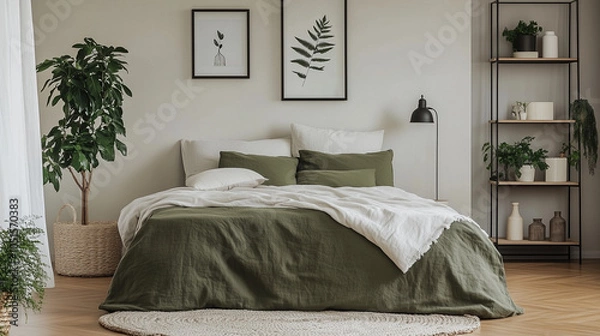 Fototapeta Modern Minimalist Bedroom:  A serene and stylish bedroom featuring a plush green duvet, fluffy pillows, and a minimalist aesthetic with plants and framed artwork.