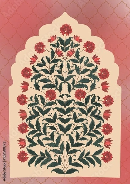 Obraz Red/Orange Lotus in warm blend of blend of peach, geometric background(Mughal Art)