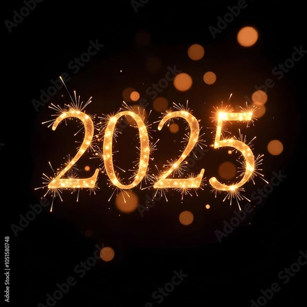 Obraz Happy New Year 2025. Creative Design element. black background. Beautiful overlay template for holiday Artistic Text Happy New Year 2025 written sparkling sparklers isolated ongreeting card, flyer