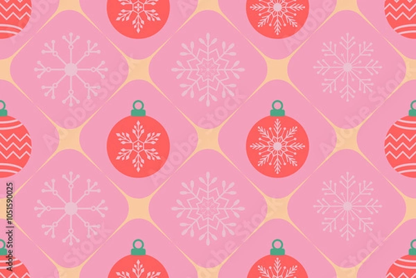 Obraz Christmas seamless pattern. Snowflakes,  Christmas ball and ornaments background design for decoration on Christmas card, banner, wrapping, wallpaper, textile, fashion.