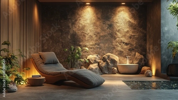 Fototapeta Serene environment featuring a cozy chair, soft cushions, and tranquil elements, inviting relaxation and mindfulness.